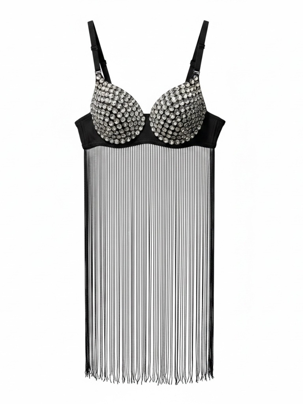 Black Rhinestone Padded Bra with Fringe